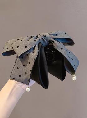 韩版灰色波点蝴蝶结抓夹女高级感气质拼接吊坠设计马尾发夹子头饰