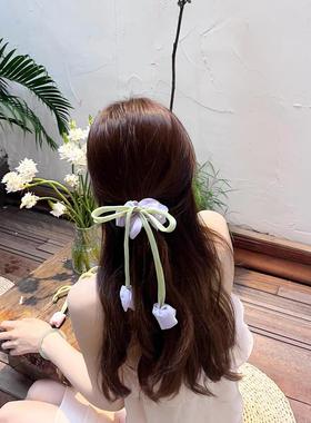 浪漫紫色！甜美飘带郁金香大肠发圈！高级感盘发器气质头绳发饰女