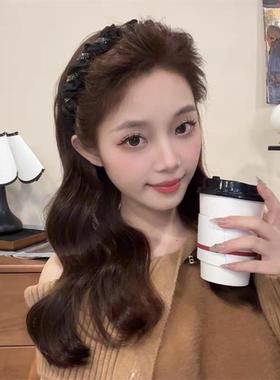 高级感黑色水晶缠绕布艺发箍女高颅顶防滑带齿头箍气质百搭发饰新