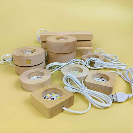 发光实木水晶球底座led小夜灯圆形长条灯座白光彩光usb插电声控灯