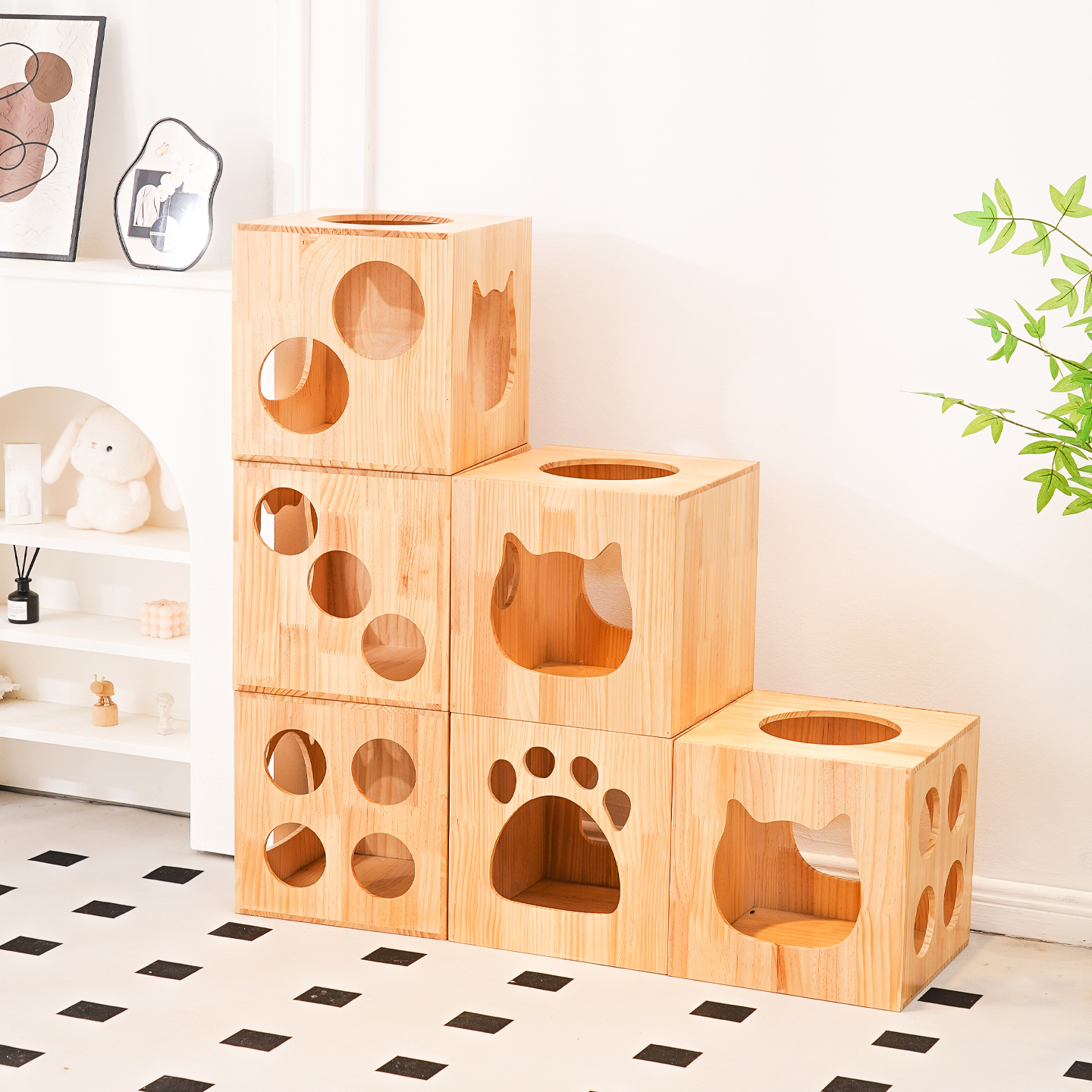 猫窝四季通用毛绒垫幼猫窝猫笼实木躲避屋骰子造型可组合猫洞家用