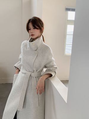 高级25赫本风立领双面羊毛大衣女秋冬新款系带中长款羊毛呢外套女