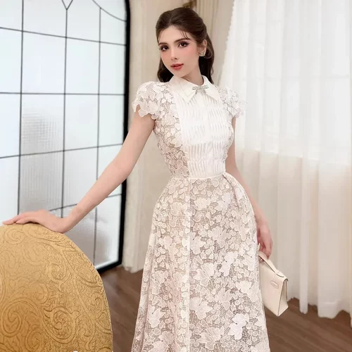 2025春新品越南小众立体hj花朵中长款蝴蝶结短袖显瘦蕾丝连衣裙