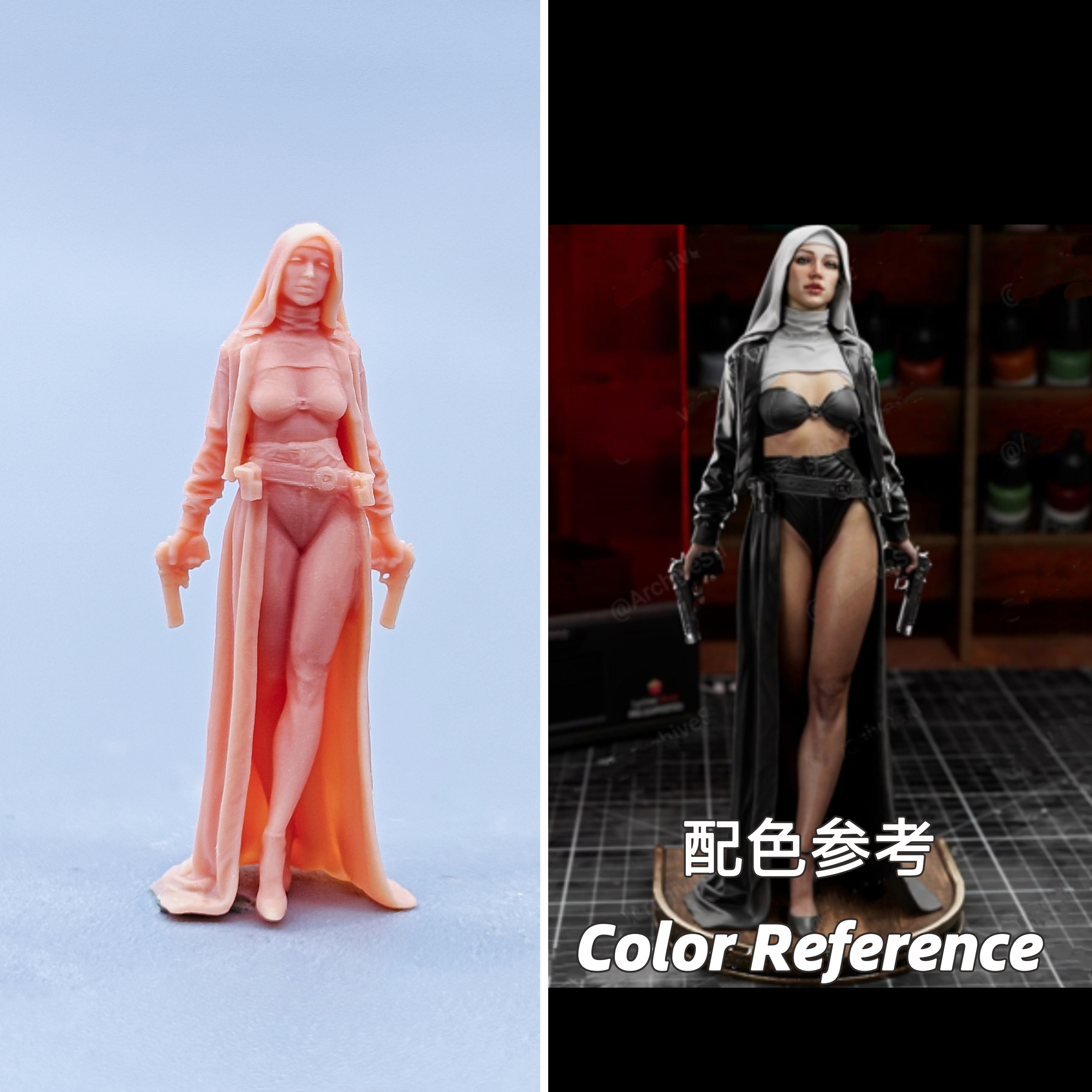 【嗯哼模型】现货1:64人偶1:43微缩白模  修女双枪杀手 D001