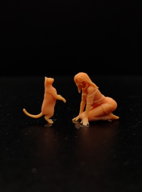 SuperGe1/64白模人偶逗猫-跪姿女+站立猫素模直接上色T609