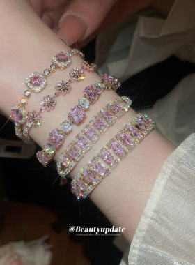 粉色锆石几何圆形抽拉式手链复古ins小众气质手环轻奢感手饰