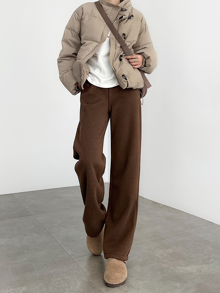 美拉德棕咖色裤子女2025冬小个子窄版直筒加绒毛呢人字纹阔腿裤子