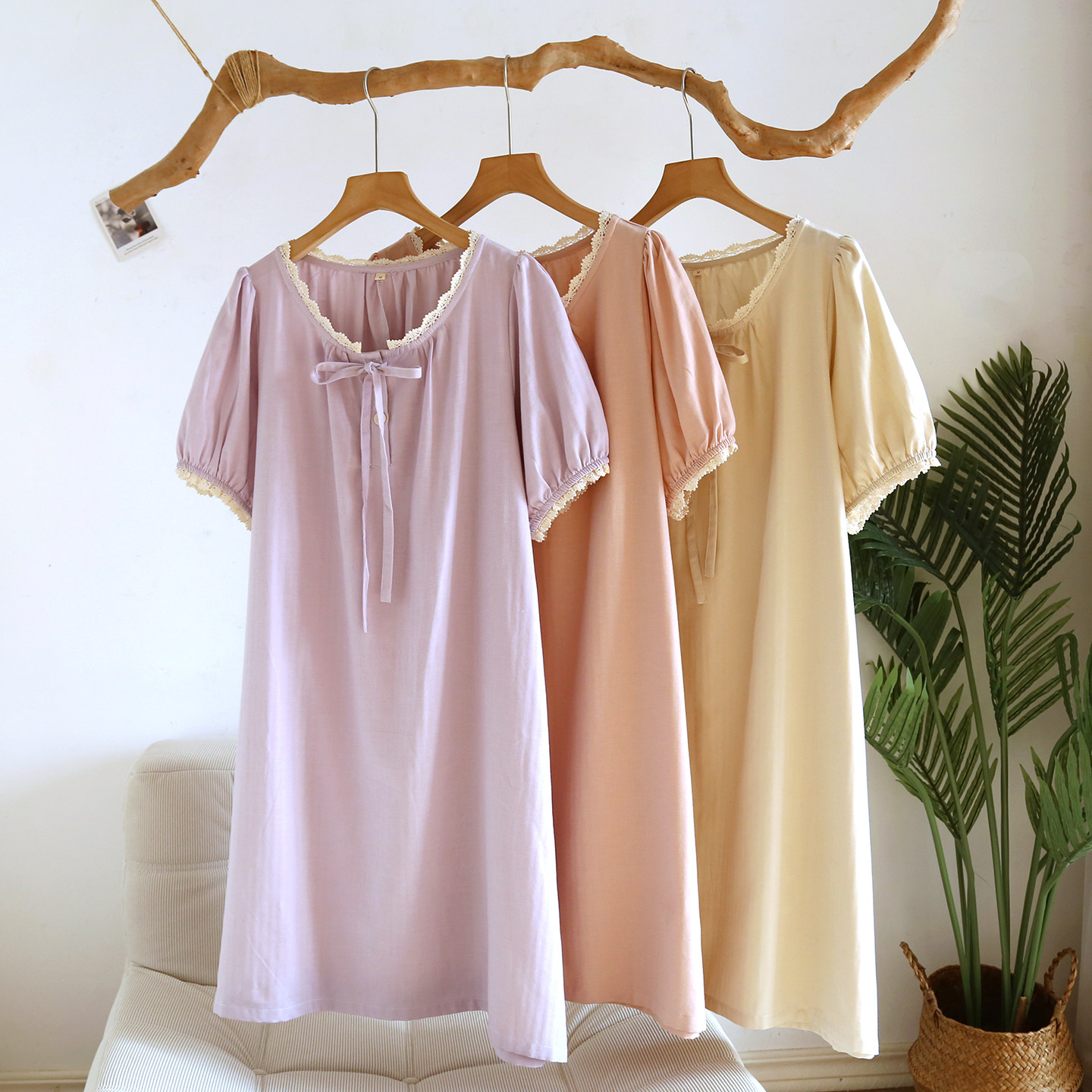 纯棉睡裙女夏短袖圆领蕾丝花边家居裙薄款甜美睡衣纯色宽松新款