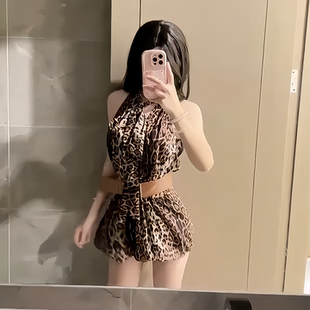 气质花苞短裙子 豹钓神裙 小个子甜美豹纹挂脖吊带连衣裙女夏季