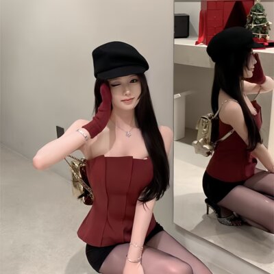 夏春季辣妹风红色修身抹胸背心女