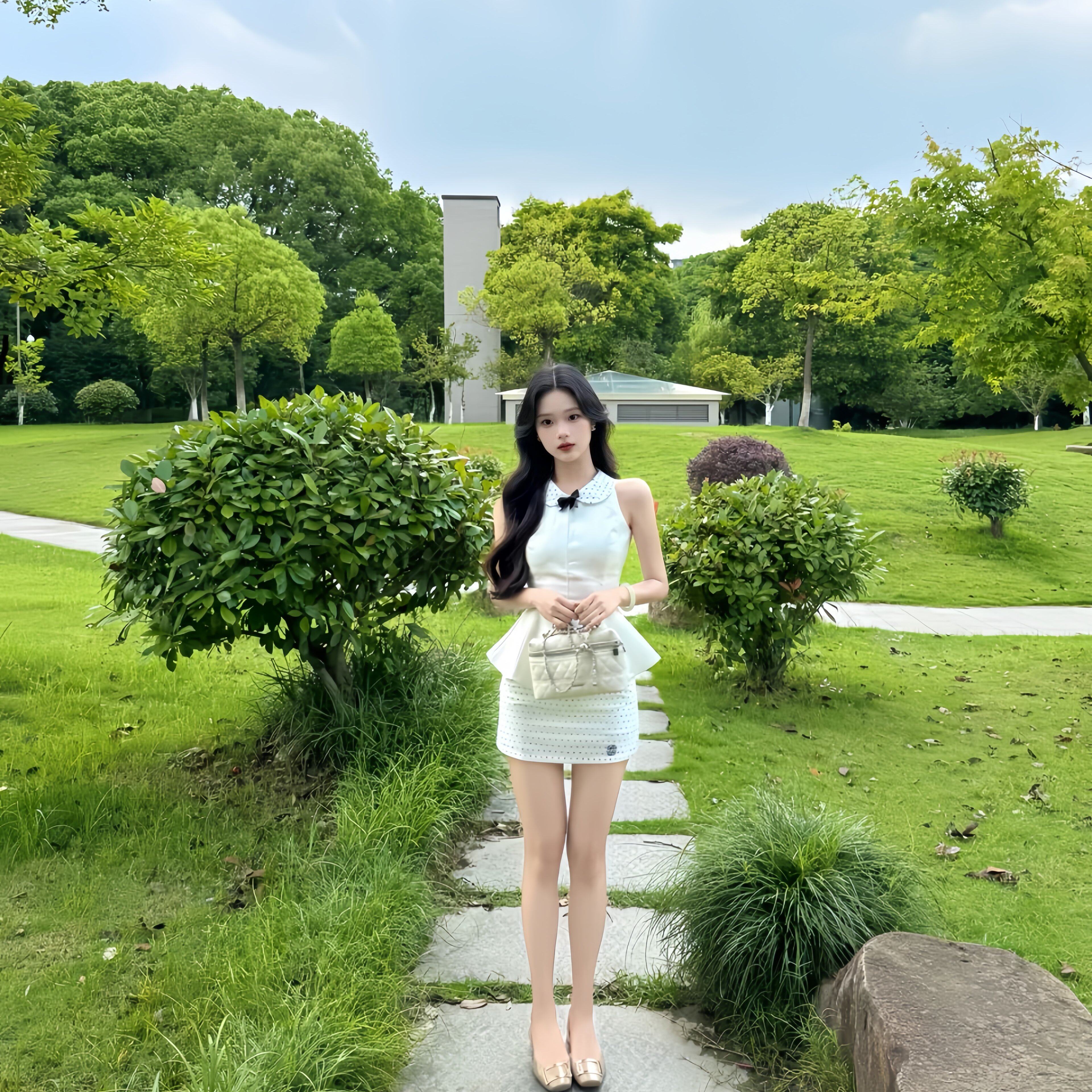 夏季韩风chic娃娃领上衣波点半身裙精致百搭女夏两件套套装百搭款