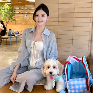 套装 休闲慵懒纯欲防晒衬衫 透见雅致 女宽松条纹上衣阔腿裤 夏季