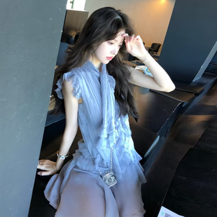 【海风沁蓝】韩系chic温柔风无袖系带衬衫短款上衣半身裙套装新款