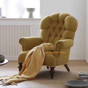 美式 复古棉麻酒红色实木脚单人椅法式 丝绒高靠背卧室书房黄色沙发
