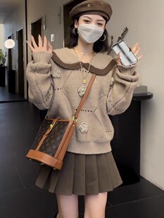洋气网红套装女秋季娃娃领针织衫毛衣百褶裙小个子时尚减龄两件套