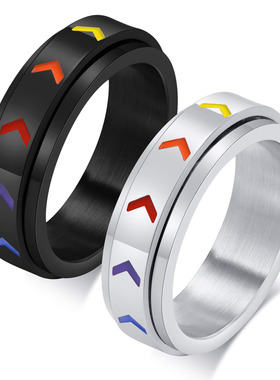 钛钢男士维京指环彩虹旋转七彩色磨砂十字大码链条可转动戒指R651