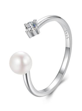 天然淡水珍珠莫桑钻戒指简约经典气质 925纯银开口戒指环高级感女