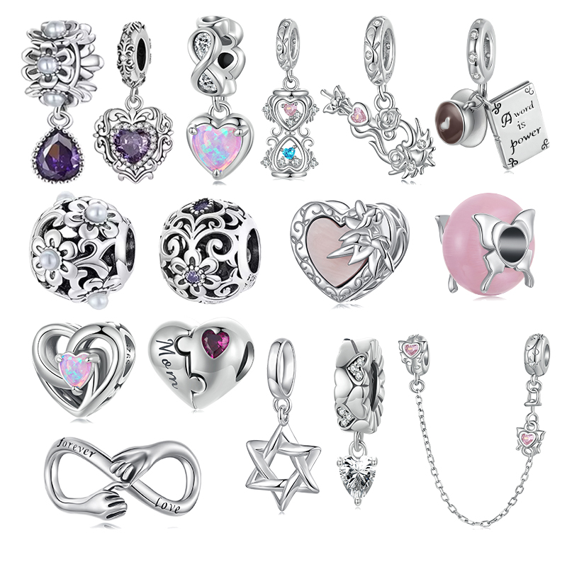 原创纯银珠子复古宫廷花纹水滴爱心串珠紫色散珠diy饰品手串配珠