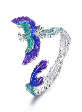 原创灵动凤凰开口戒指s925纯银优雅高贵珐琅羽翼戒指手饰小众轻奢