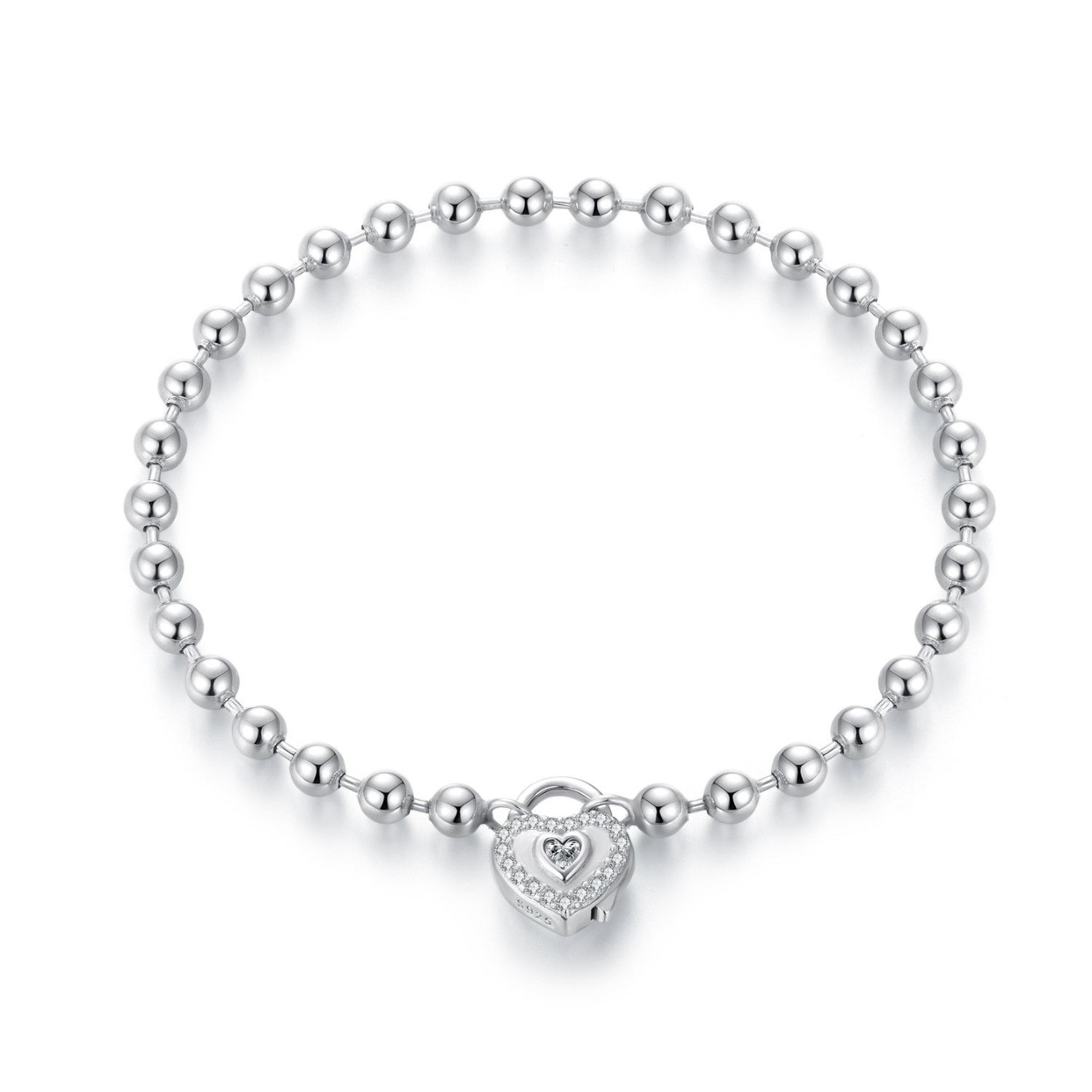 原创s925纯银爱心锁头珠珠手链简约百搭心形基础手链单链轻奢圆珠