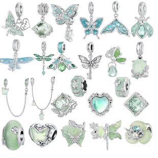 原创珠子四叶草串珠925纯银散珠绿色心形蝴蝶花朵吊坠diy饰品配件
