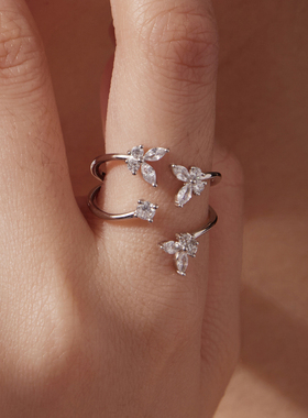 原创s925纯银蝶影开口戒指灵动优雅蝴蝶双层可调节戒指手饰指环