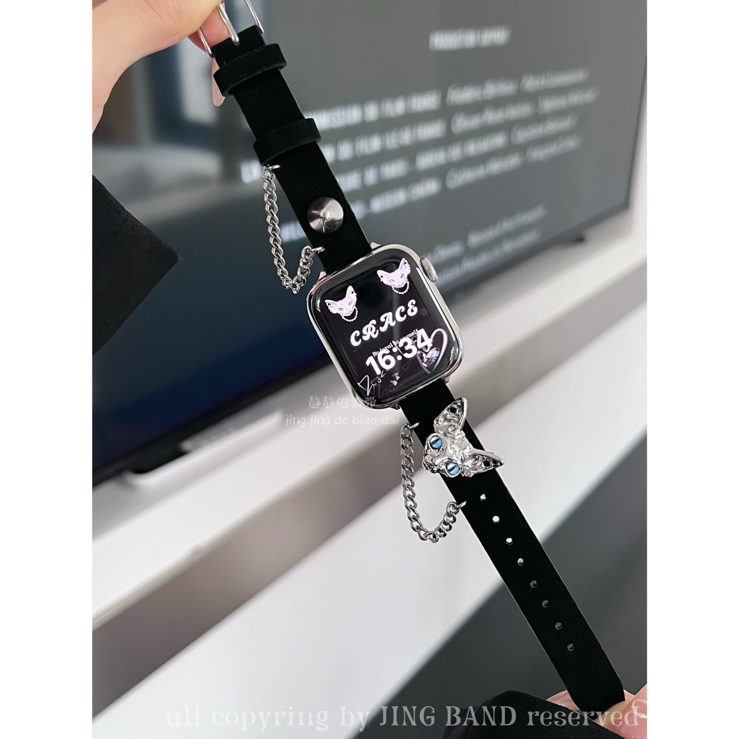 斯芬克斯猫金属链条丝绒适用于苹果s10代applewatch987静静的表带