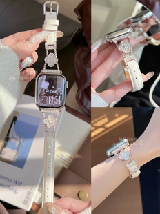 满钻四叶花金属油蜡皮适用于applewatch苹果手表SE表带iwatch静静