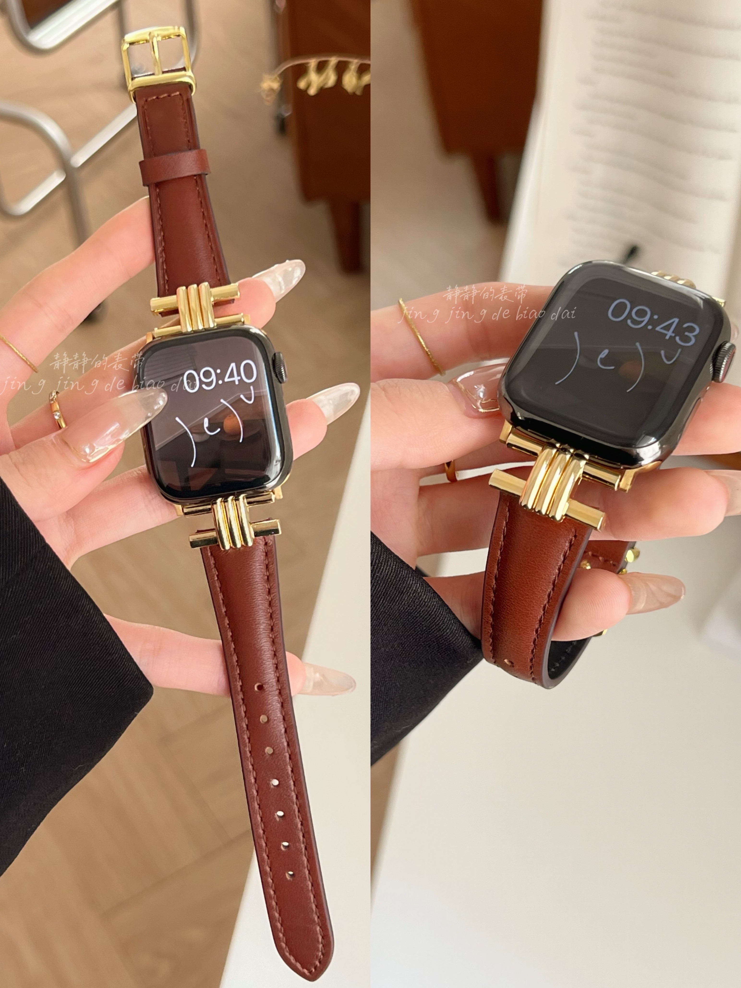 金属拼复古真皮细款表带适用于苹果applewatch978代654静静的表带