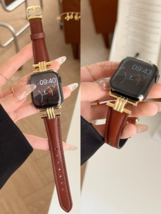 金属拼复古真皮细款 表带 表带适用于苹果applewatch978代654静静