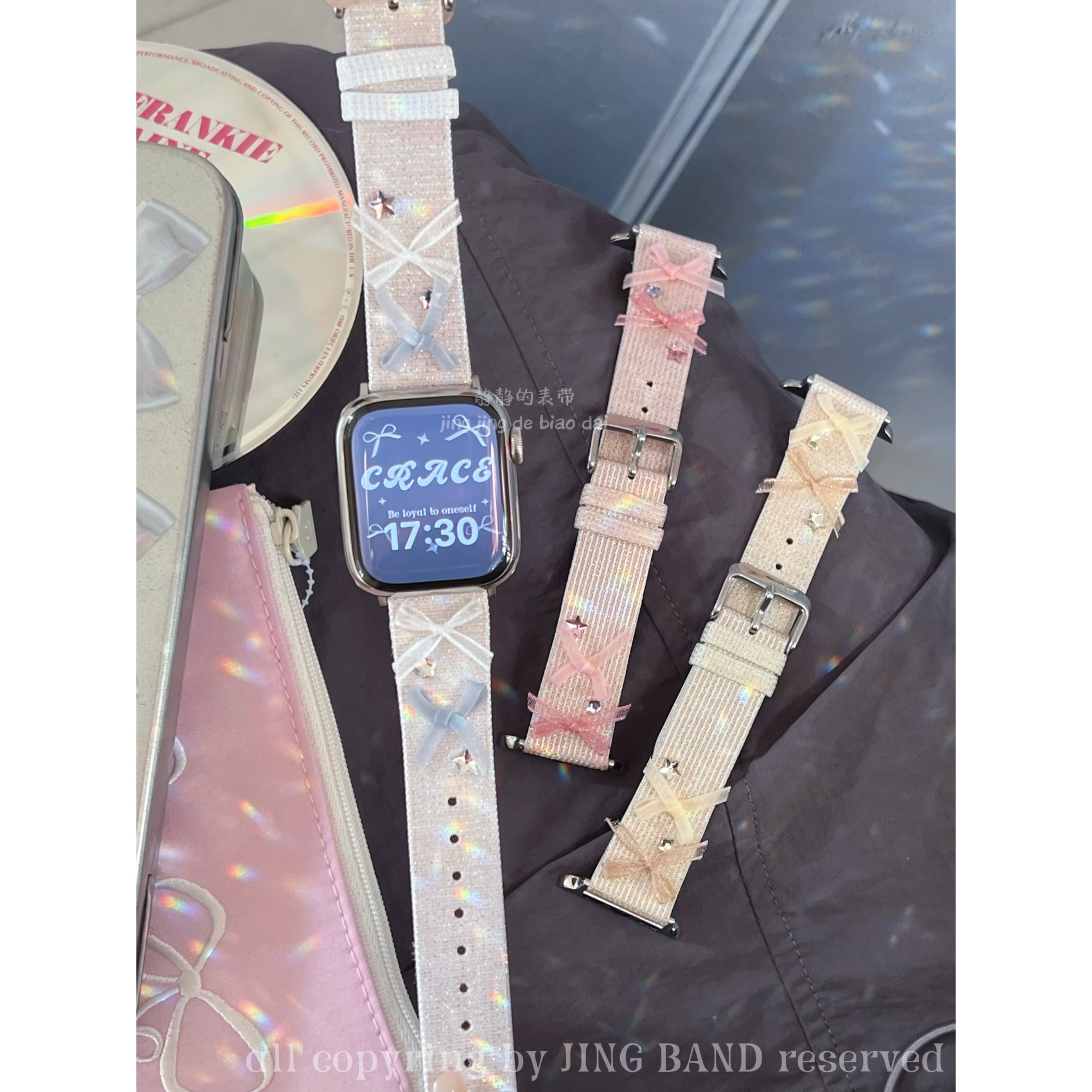 蕾丝蝴蝶结闪钻夏薄星光适用于s978代applewatch456SE静静的表带-封面