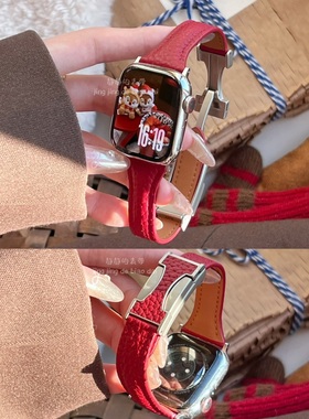 磁吸扣软荔纹真皮H适用于10applewatch苹果s789代65SE静静的表带