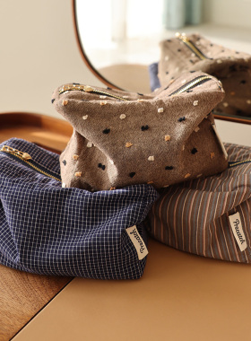 格子条纹布艺化妆包方形立体拉链收纳包旅行便携手拿包内胆包日系