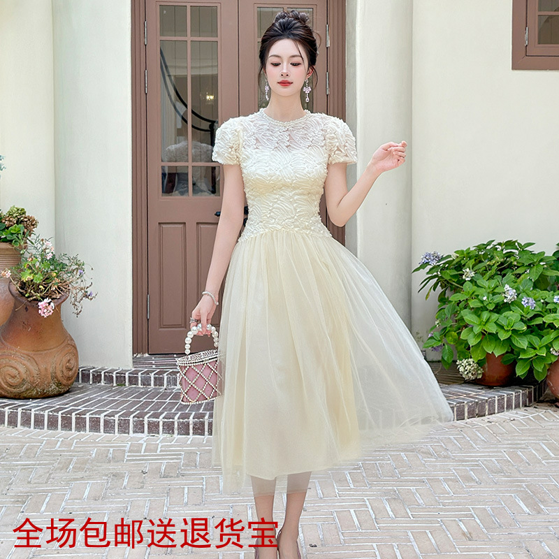 2025夏季新款女装法式重工蕾丝拼接收腰网纱仙女长款连衣裙15416