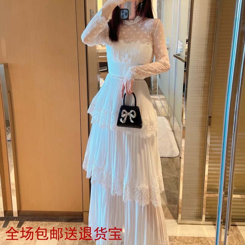 白色仙气飘逸蛋糕长裙蕾丝绣花雪纺长袖小心机高腰修身显瘦连衣裙