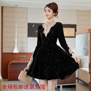 miu系赫本风小黑裙设计感收腰蓬蓬礼服裙复古金丝绒连衣裙女9968