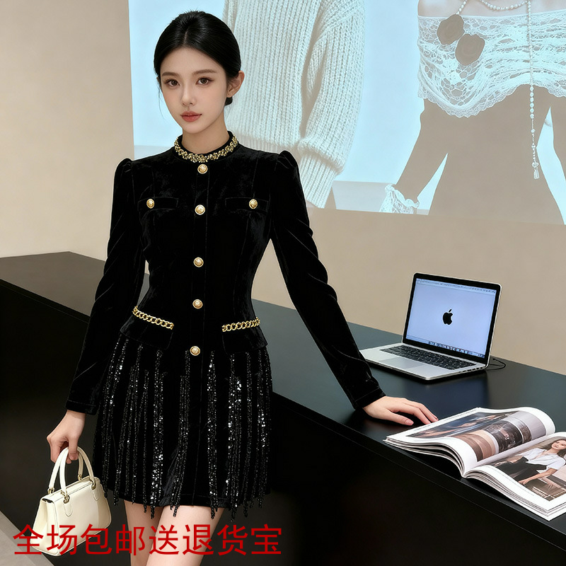 黑色丝绒连衣裙女秋冬镶钻圆领收腰显瘦名媛风派对礼服短裙9975
