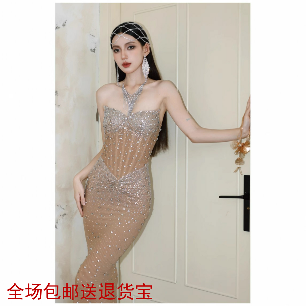 法式感重工气质奢华满钻性感鱼骨抹胸连衣裙腰臀长款修身晚礼服女