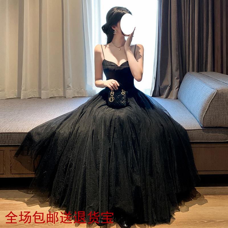 法式小众设计感复古黑色吊带拼接网纱连衣裙女名媛气质宴会礼服