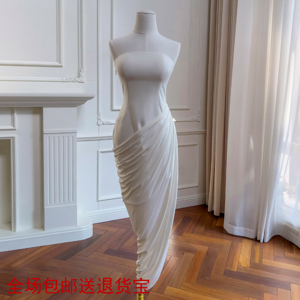 法式时尚抹胸连衣裙欧美新款长裙女装纯色露肩无袖缩褶小礼服裙