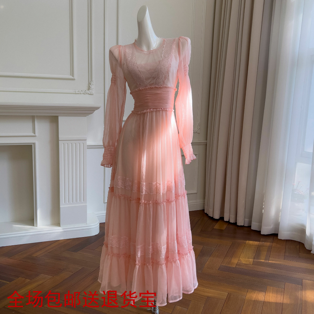 法式轻奢名媛风蛋糕裙女透视长袖网纱荷叶边长款礼服连衣裙