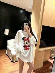 2026夏季新款韩版麻料米奇印花圆领长袖防晒T恤女上衣A10656