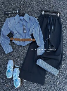 法式条纹衬衫女2026春季新款长袖上衣+腰带阔腿裤三件套A10015