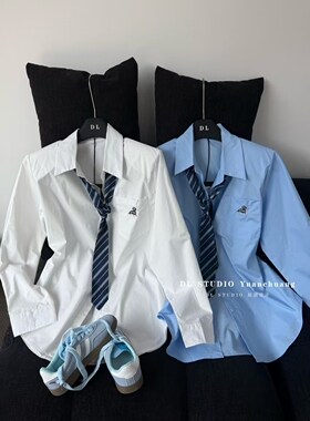 2026春季新款韩版气质刺绣小狗领带长袖衬衫女宽松显瘦上衣A10089