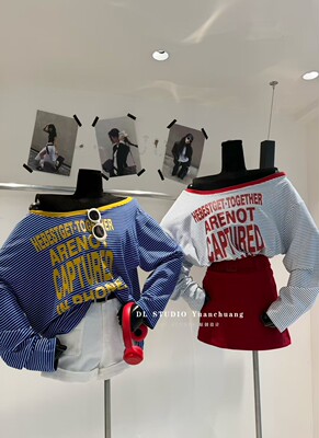 欧洲站2026春季新款韩版撞色条纹百搭斜领一字肩长袖T恤女A10163