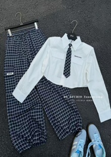 格子衬领带三件套A10028 女网红韩系小个子贴标衬衫 2026春季 新款