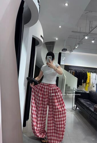 十三行2026夏季新款韩版红色格子灯笼裤女宽松显瘦休闲裤潮A10652
