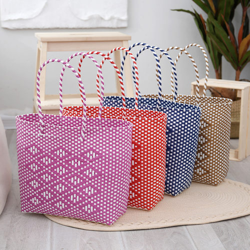 时尚休闲菱形格子菜篮子包手工编