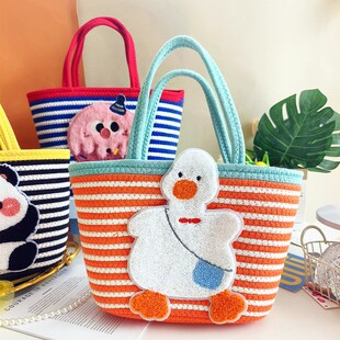 编织棉绳加油鸭菜篮子手提包可爱熊猫大容量托特包生日宴会伴手礼