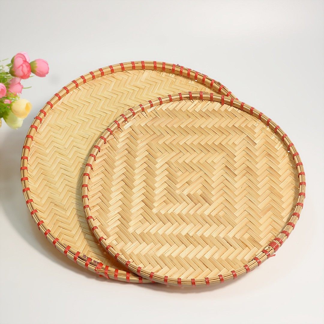 手工竹编织红边圆竹盘竹簸箕菜干